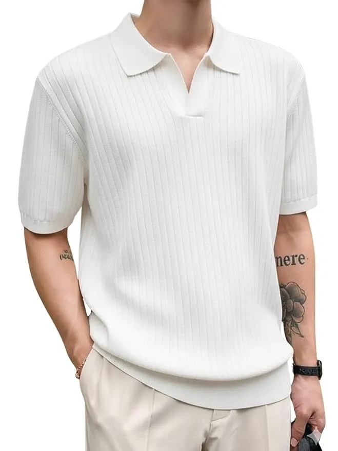 Men’s Casual Ribbed Polo Collar Knit T-Shirt