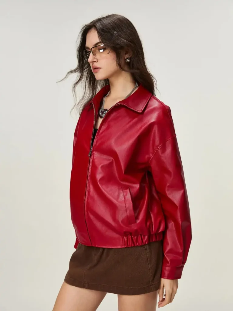 Red Faux Leather Jacket for Women (S)