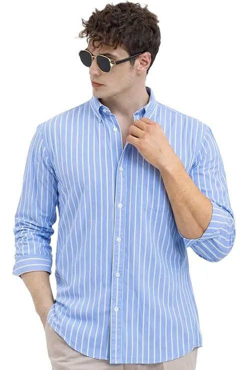 Men's Casual Printed Striped Stylish Latest Formal Shirt for Men (S)